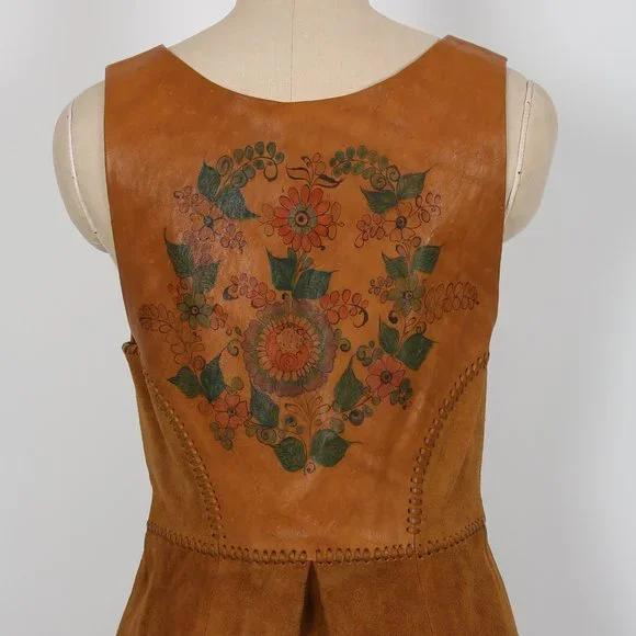 Vintage CHAR Leather Dress 70s Hippie Boho Handmade Hand Painted Florals - Picture 7 of 7